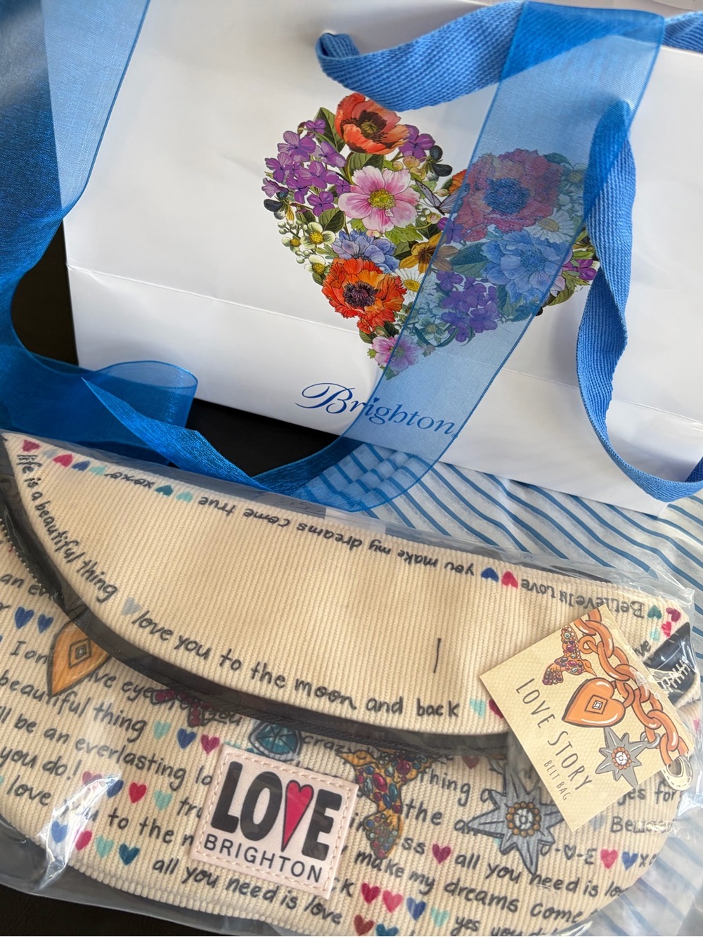 Brighton Cream Canvas Crossbody with Multicolor Heart Print & LOVE Patch